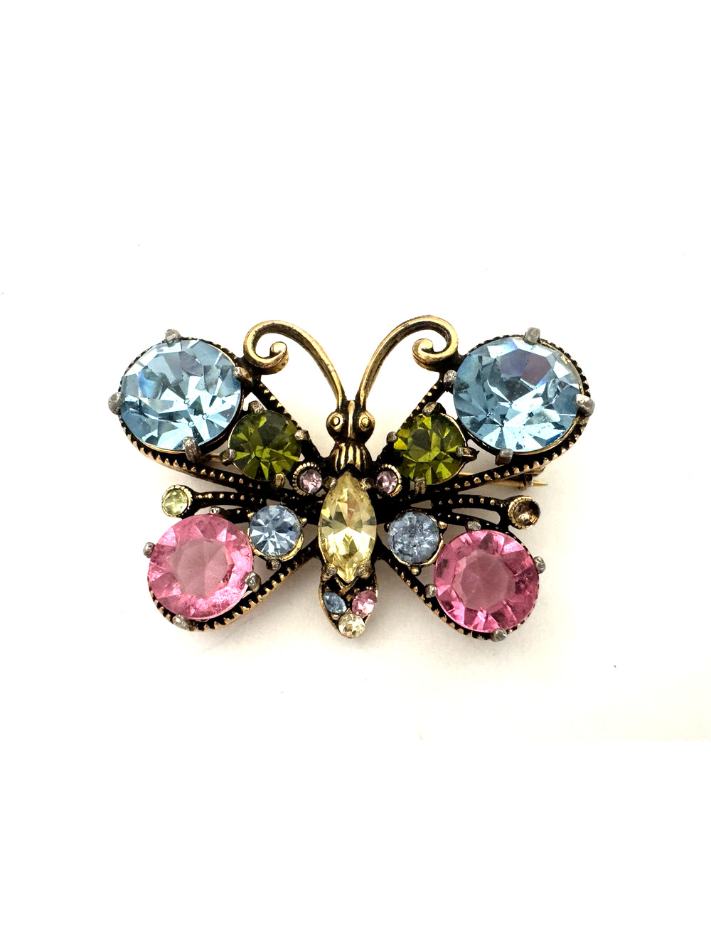 Weiss Butterfly Brooch Blue Pink Rhinestones Costume Metal Vintage Pin Whimsical
